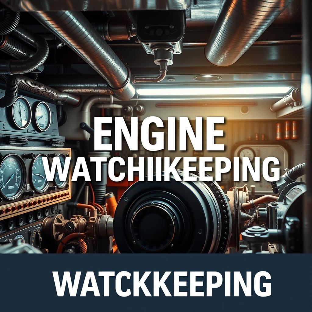 An eye-catching cover page design for a book on Engine Watchkeeping, featuring a vivid and realistic photographic quality image of an actual ship's engine room