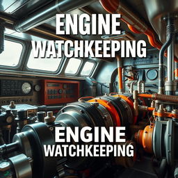 An eye-catching cover page design for a book on Engine Watchkeeping, featuring a vivid and realistic photographic quality image of an actual ship's engine room