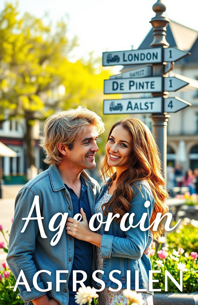 A romantic book cover featuring a couple standing together on the Agoraplein in Brussels during springtime