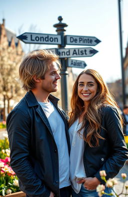 A romantic book cover featuring a couple standing together on the Agoraplein in Brussels during springtime