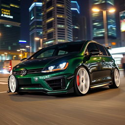 A stunning dark green MK7 VW Golf R enhanced with an aggressive body kit and striking white rims
