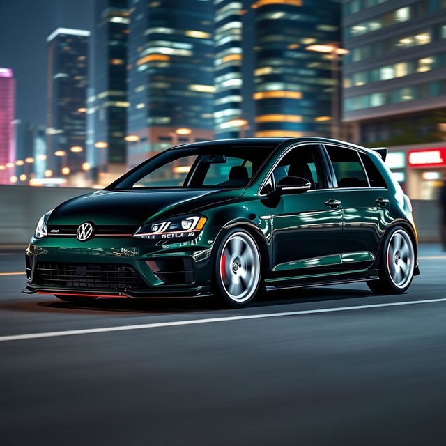 A stunning dark green MK7 VW Golf R enhanced with an aggressive body kit and striking white rims