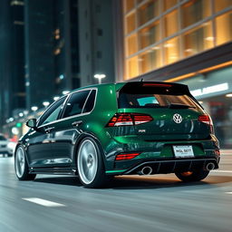 A stunning dark green MK7 VW Golf R enhanced with an aggressive body kit and striking white rims