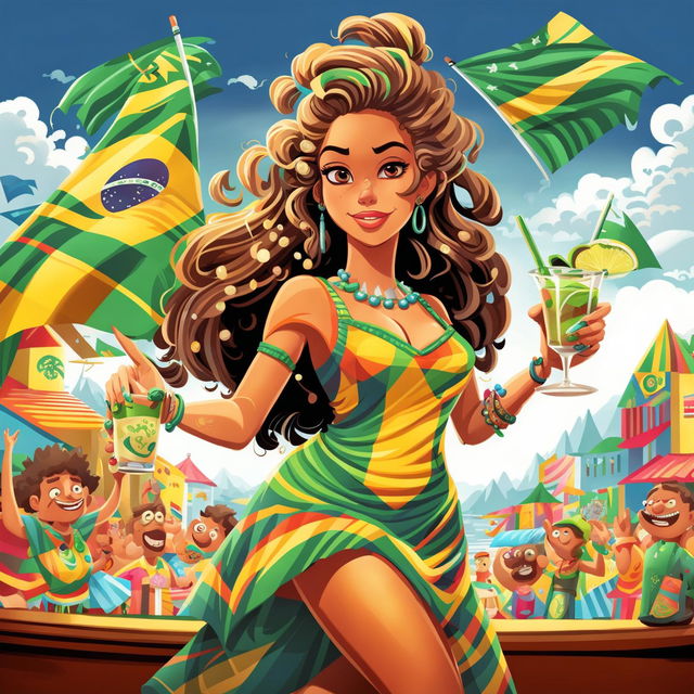 A Rick and Morty style cartoon character of a Brazilian woman in traditional attire with Rio de Janeiro landmarks in the background.