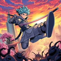 A dynamic manga scene featuring a heroic character in a vibrant fantasy world