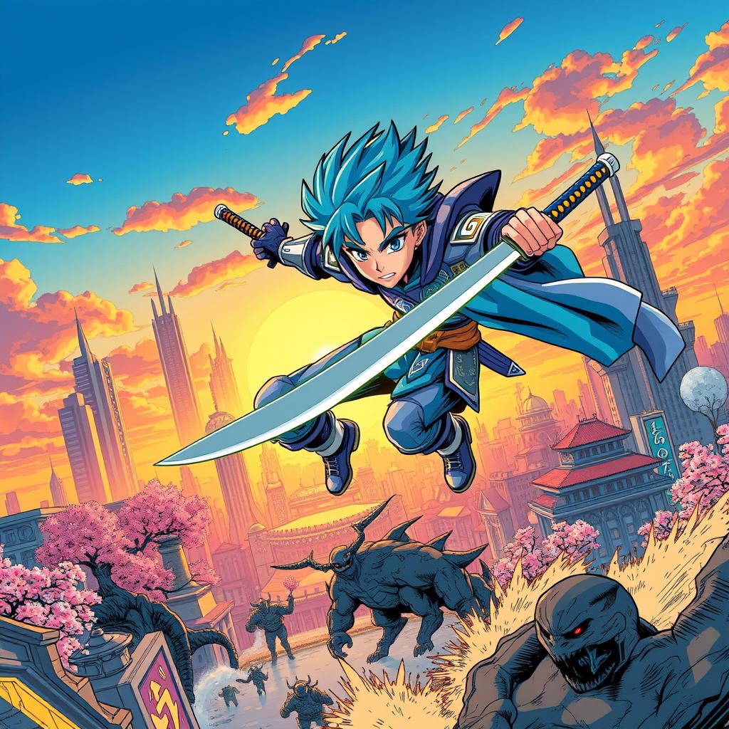 A dynamic manga scene featuring a heroic character in a vibrant fantasy world