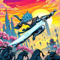 A dynamic manga scene featuring a heroic character in a vibrant fantasy world