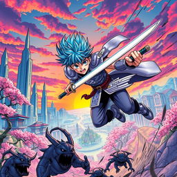 A dynamic manga scene featuring a heroic character in a vibrant fantasy world