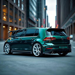 A stunning dark green MK7 VW Golf R with an aggressive body kit and striking white rims
