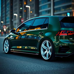 A stunning dark green MK7 VW Golf R with an aggressive body kit and striking white rims