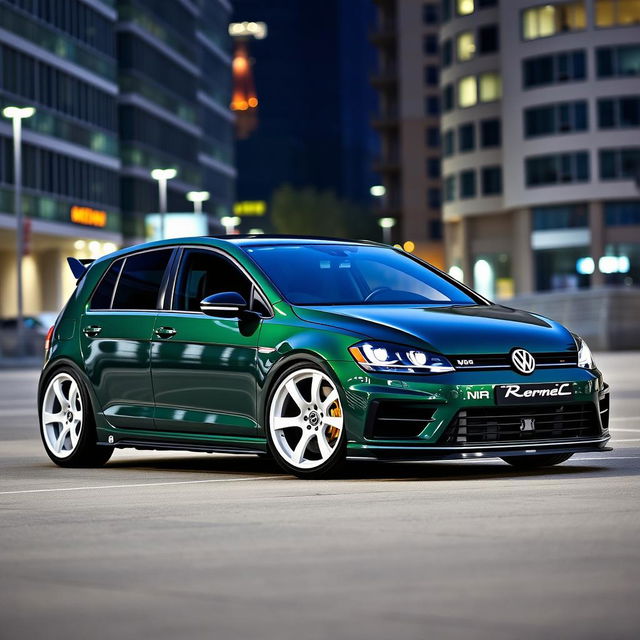 A stunning dark green MK7 VW Golf R with an aggressive body kit and striking white rims