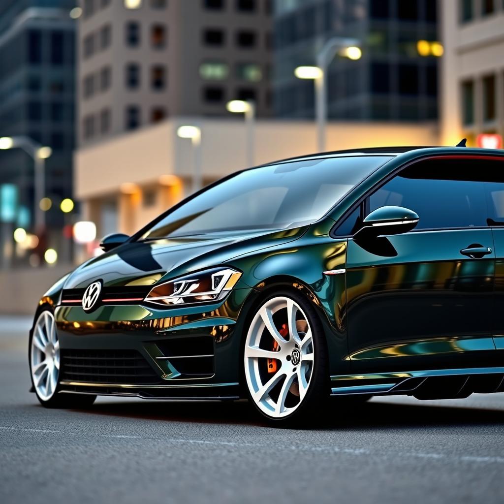 A stunning dark green MK7 VW Golf R with an aggressive body kit and striking white rims