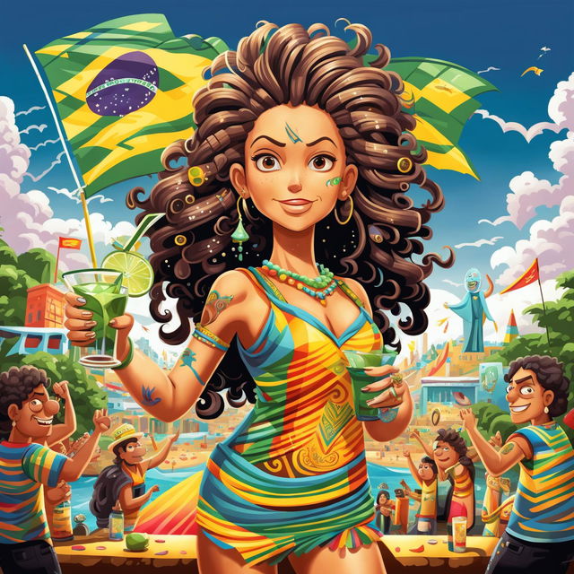 A detailed Rick and Morty style cartoon character of a Brazilian woman in traditional attire, surrounded by a bustling Rio de Janeiro scene.