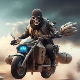 A rifle-armed kidnapper wearing a skeleton face mask and a normal bullet-proof vest, soaring in the sky on a futuristic hover-bike.