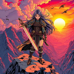 A vibrant and dynamic manga scene featuring a fierce female warrior with long flowing hair and a determined expression, wielding a glowing sword