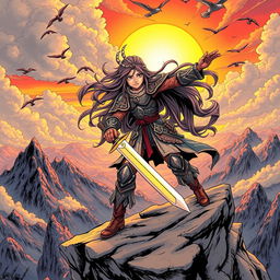 A vibrant and dynamic manga scene featuring a fierce female warrior with long flowing hair and a determined expression, wielding a glowing sword