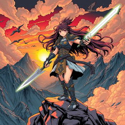 A vibrant and dynamic manga scene featuring a fierce female warrior with long flowing hair and a determined expression, wielding a glowing sword