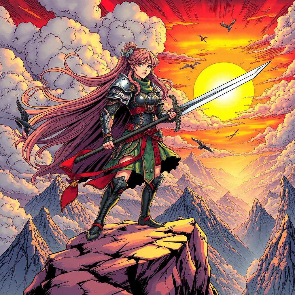 A vibrant and dynamic manga scene featuring a fierce female warrior with long flowing hair and a determined expression, wielding a glowing sword