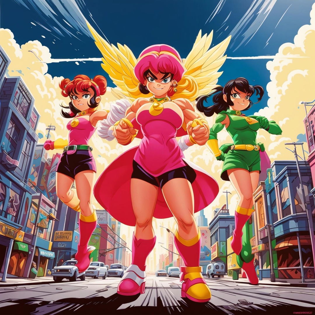 A vibrant poster featuring the Powerpuff Girls in action poses against a detailed backdrop of Townsville. The color palette is bright and eye-catching.