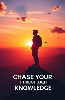 Chase your dreams through knowledge, featuring a person standing on a mountain peak at dawn, silhouetted against a vibrant sunrise that symbolizes hope and ambition