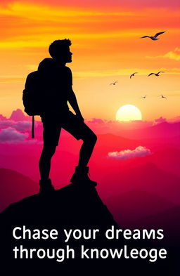 Chase your dreams through knowledge, featuring a person standing on a mountain peak at dawn, silhouetted against a vibrant sunrise that symbolizes hope and ambition