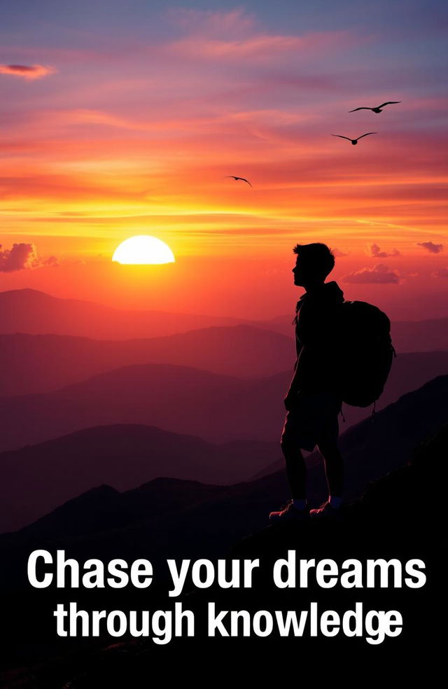 Chase your dreams through knowledge, featuring a person standing on a mountain peak at dawn, silhouetted against a vibrant sunrise that symbolizes hope and ambition