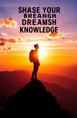 Chase your dreams through knowledge, featuring a person standing on a mountain peak at dawn, silhouetted against a vibrant sunrise that symbolizes hope and ambition