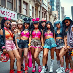 A vibrant and lively scene featuring a racially diverse group of female gang bangers, each uniquely styled in an eclectic mix of fashion trends