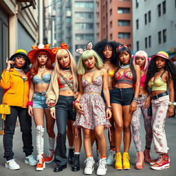 A vibrant and lively scene featuring a racially diverse group of female gang bangers, each uniquely styled in an eclectic mix of fashion trends
