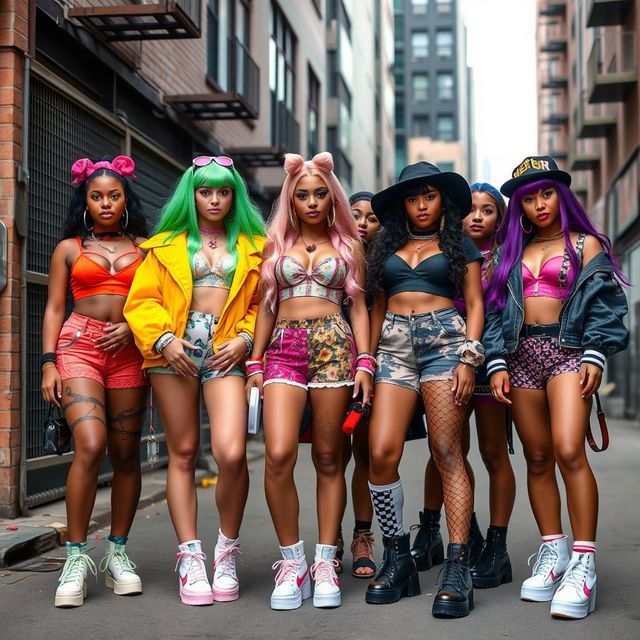 A vibrant and lively scene featuring a racially diverse group of female gang bangers, each uniquely styled in an eclectic mix of fashion trends