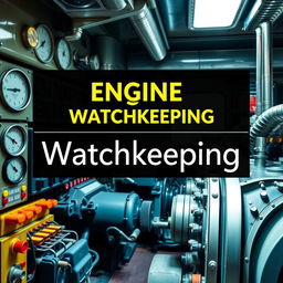 An engaging cover page design for a workbook on Engine Watchkeeping, featuring a vivid, high-resolution photographic quality image of a real ship's engine room