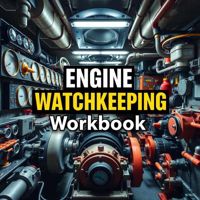 An engaging cover page design for a workbook on Engine Watchkeeping, featuring a vivid, high-resolution photographic quality image of a real ship's engine room