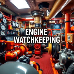 An engaging cover page design for a workbook on Engine Watchkeeping, featuring a vivid, high-resolution photographic quality image of a real ship's engine room
