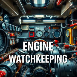 An engaging cover page design for a workbook on Engine Watchkeeping, featuring a vivid, high-resolution photographic quality image of a real ship's engine room