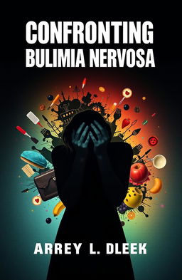 A thought-provoking cover design addressing bulimia nervosa, featuring a silhouette of a person holding their head in their hands, surrounded by chaotic and contrasting imagery representing the struggle with eating disorders
