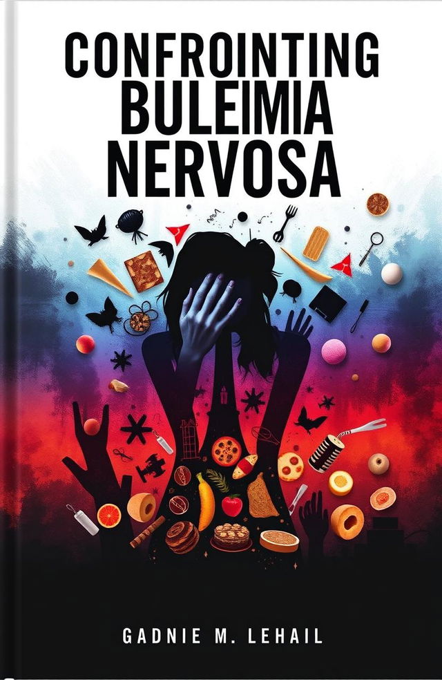 A thought-provoking cover design addressing bulimia nervosa, featuring a silhouette of a person holding their head in their hands, surrounded by chaotic and contrasting imagery representing the struggle with eating disorders