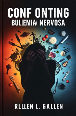 A thought-provoking cover design addressing bulimia nervosa, featuring a silhouette of a person holding their head in their hands, surrounded by chaotic and contrasting imagery representing the struggle with eating disorders