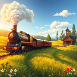 A beautifully detailed illustration of a majestic steam train traveling through a lush green countryside