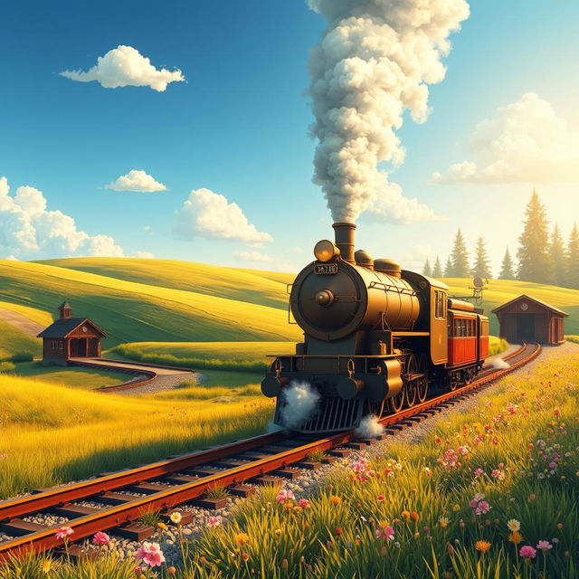 A beautifully detailed illustration of a majestic steam train traveling through a lush green countryside