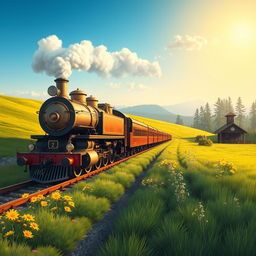 A beautifully detailed illustration of a majestic steam train traveling through a lush green countryside