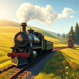 A beautifully detailed illustration of a majestic steam train traveling through a lush green countryside