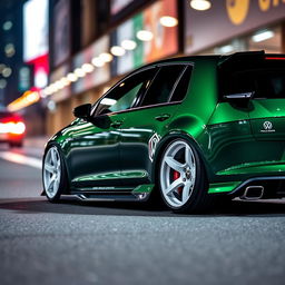 A stunning dark green MK7 VW Golf R featuring an aggressive body kit and eye-catching white rims