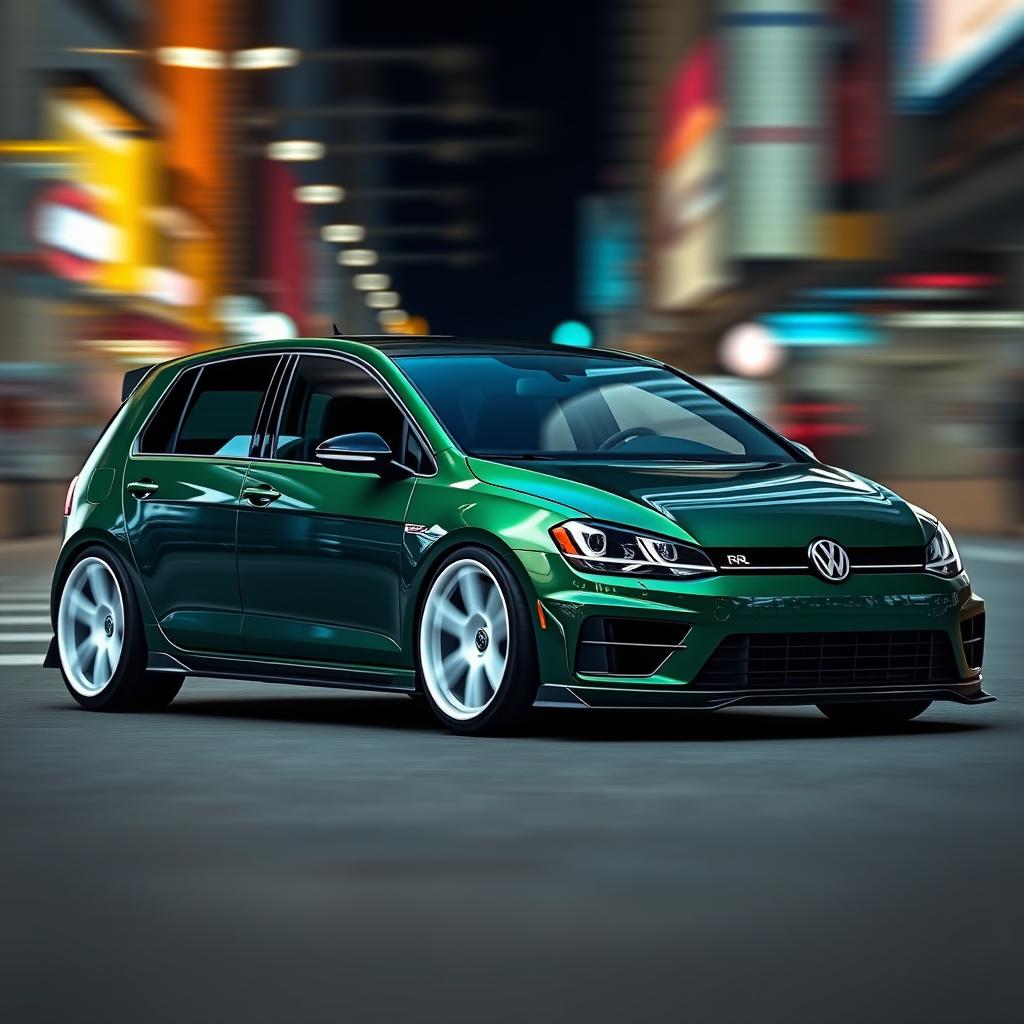 A stunning dark green MK7 VW Golf R featuring an aggressive body kit and eye-catching white rims