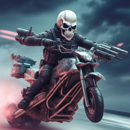 A rifle-armed kidnapper wearing a skeleton face mask and a normal bullet-proof vest, soaring in the sky on a futuristic hover-bike.