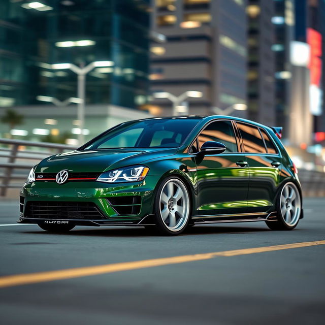 A stunning dark green MK7 VW Golf R featuring an aggressive body kit and eye-catching white rims