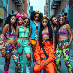 A lively and colorful scene featuring a racially diverse group of female gang bangers, each showcasing an eclectic style that fuses decora fashion with the vibrant aesthetics of 90s and 2000s rave fashion, along with 2010s EDM girl fashion and kidcore influences