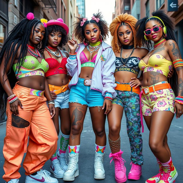 A lively and colorful scene featuring a racially diverse group of female gang bangers, each showcasing an eclectic style that fuses decora fashion with the vibrant aesthetics of 90s and 2000s rave fashion, along with 2010s EDM girl fashion and kidcore influences