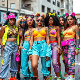 A lively and colorful scene featuring a racially diverse group of female gang bangers, each showcasing an eclectic style that fuses decora fashion with the vibrant aesthetics of 90s and 2000s rave fashion, along with 2010s EDM girl fashion and kidcore influences