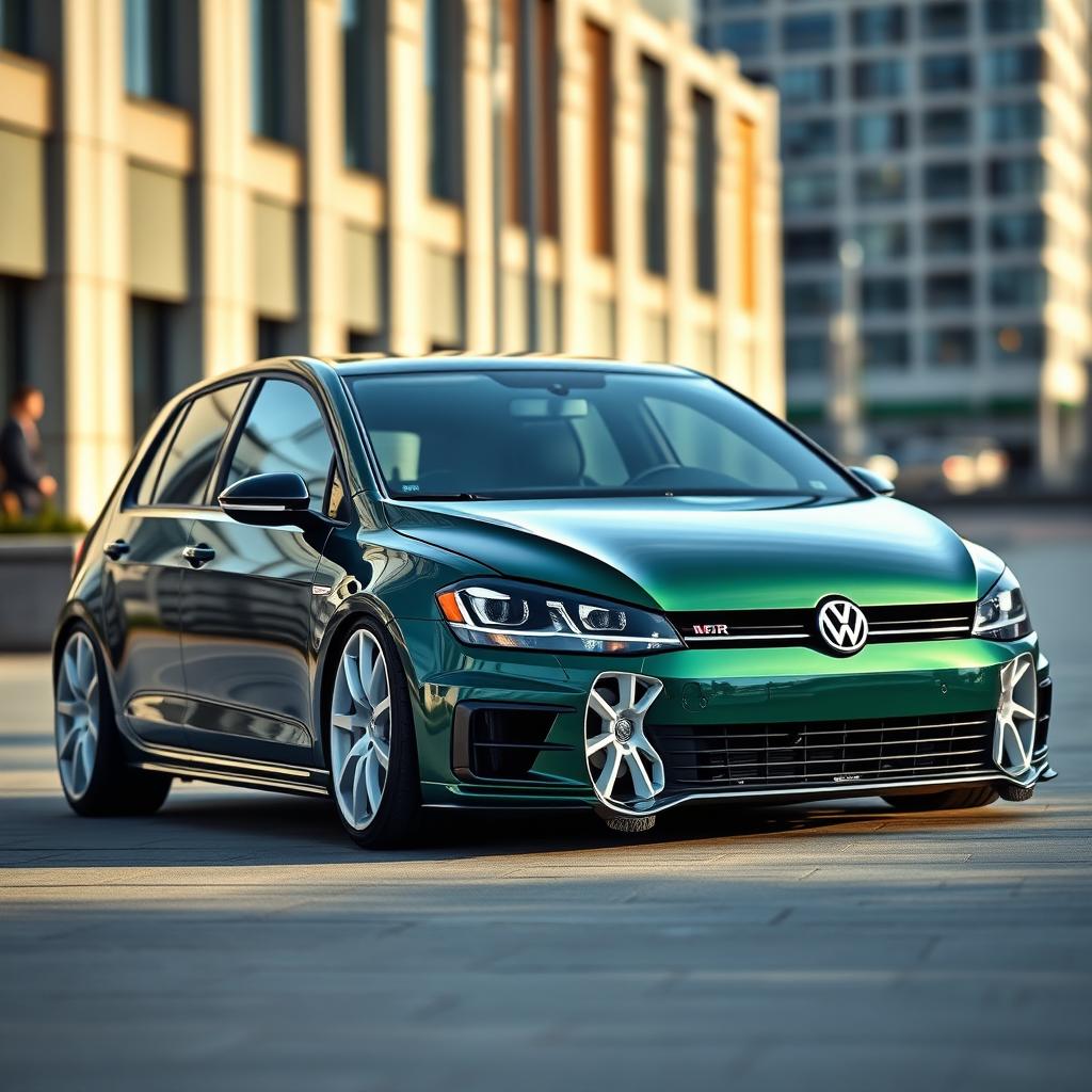 A sleek dark green MK7 VW Golf R fitted with a sporty body kit and eye-catching white rims