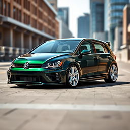 A sleek dark green MK7 VW Golf R fitted with a sporty body kit and eye-catching white rims